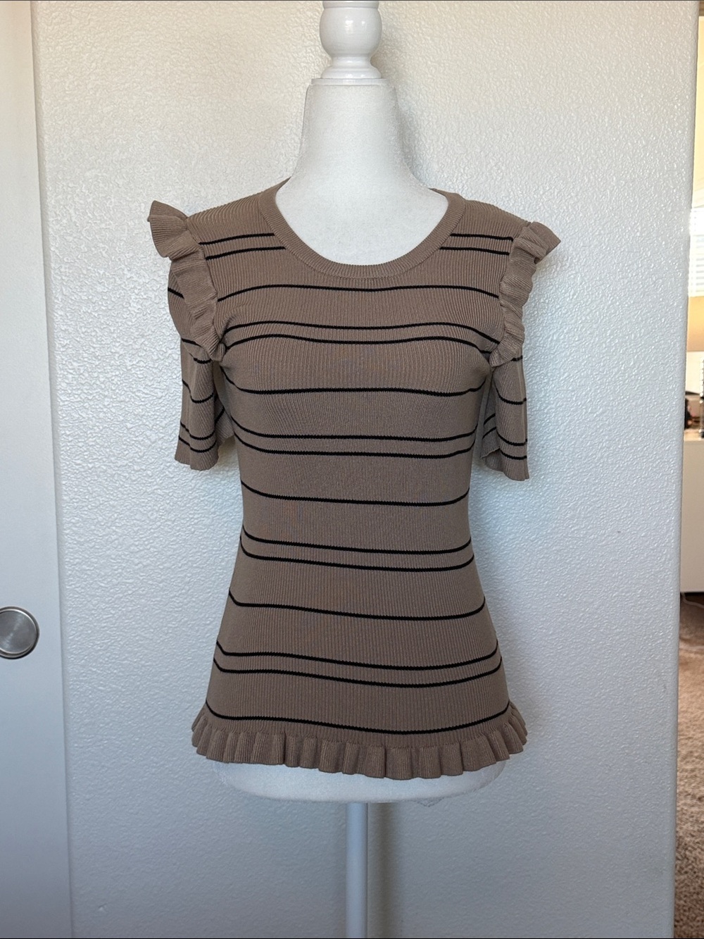 Vanity Tan Ribbed Short Sleeve Top with Black Stripes & Ruffle Trim